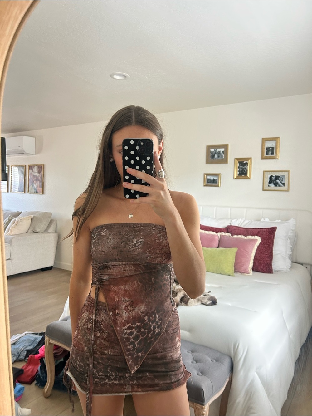 Edikted Brown Patterned Strapless Mini skirt and shirt set xs